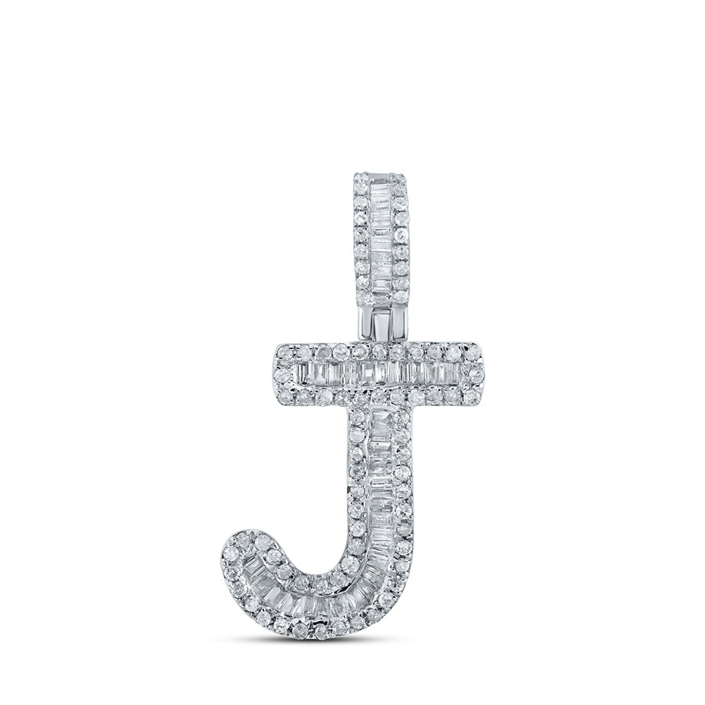 10K White Gold Mens Baguette Diamond Initial Letter Pendant