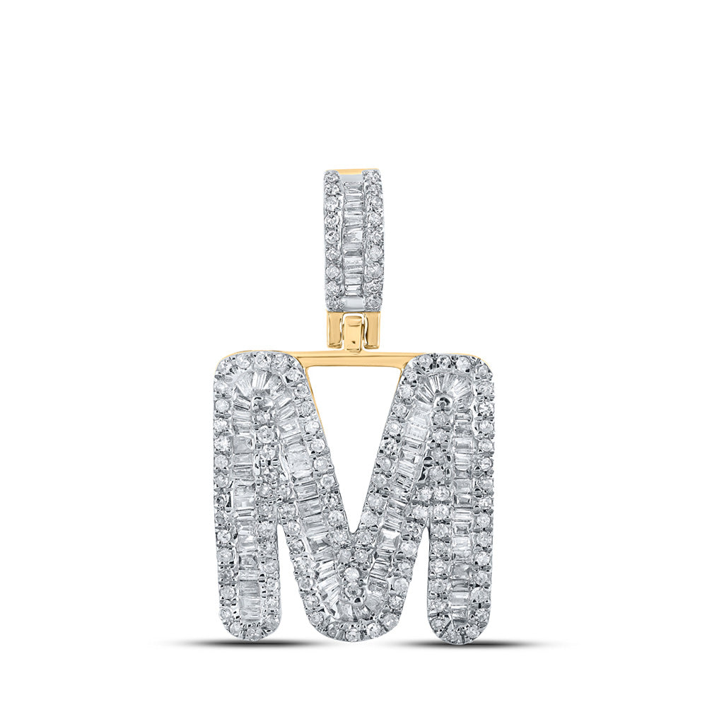 10K White Or Yellow Gold Mens Baguette Diamond M Initial Letter Pendant
