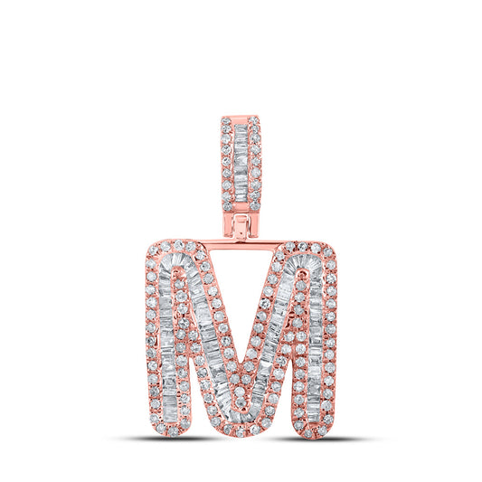 10K Rose Gold Mens Baguette Diamond M Initial Letter Pendant 3/4 Cttw, Length: 1.01 In, Width: 0.55 In