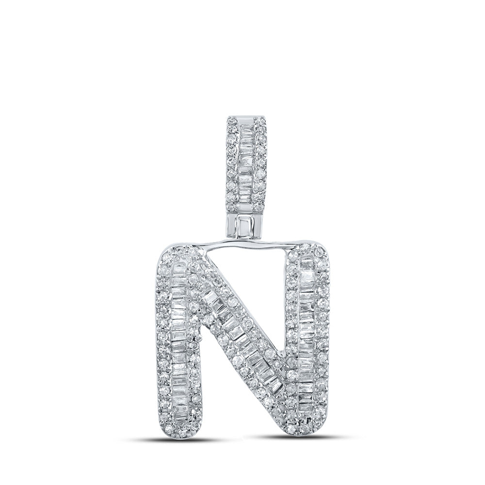 10K White Gold Mens Baguette Diamond Initial Letter Pendant