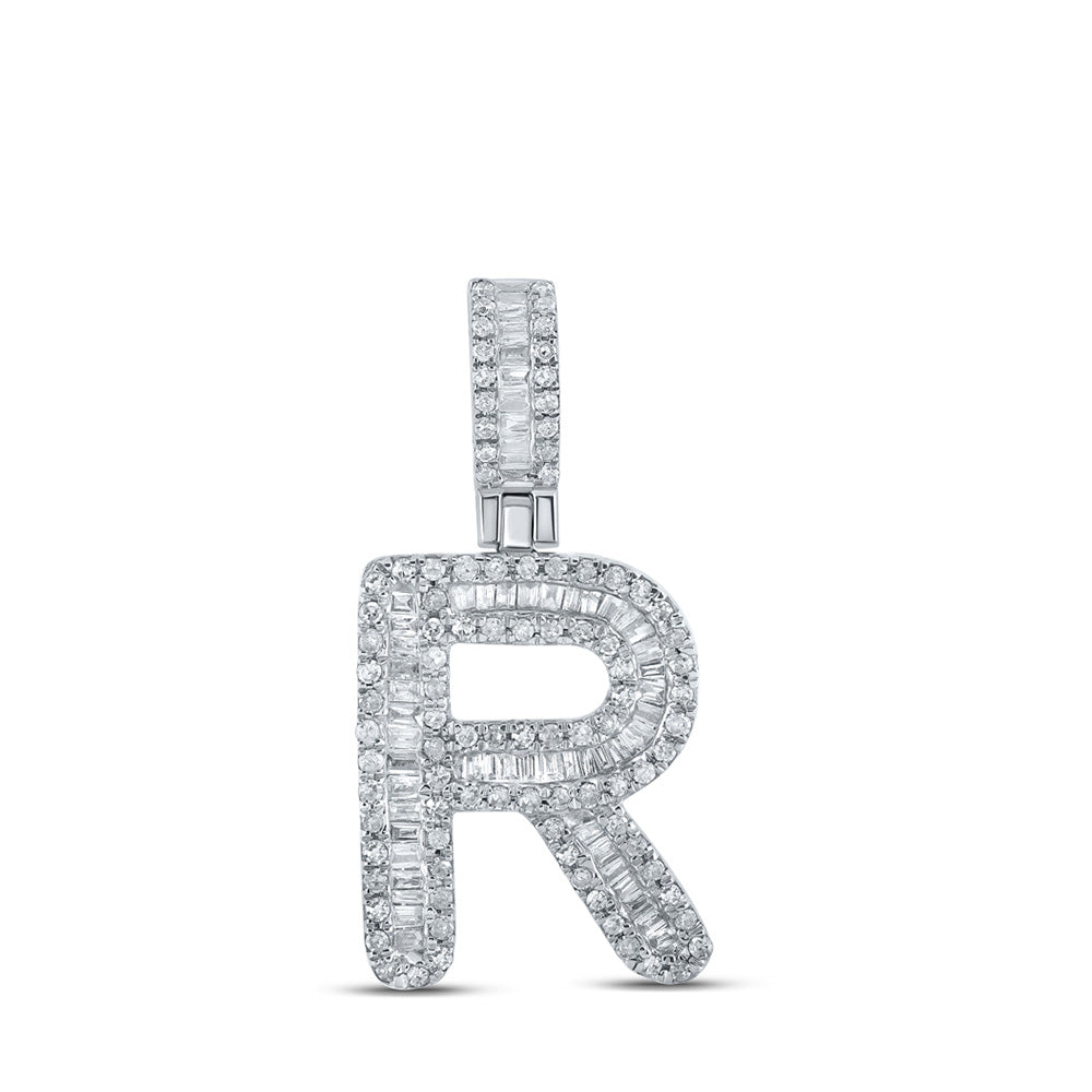 10K White Gold Mens Baguette Diamond Initial Letter Pendant