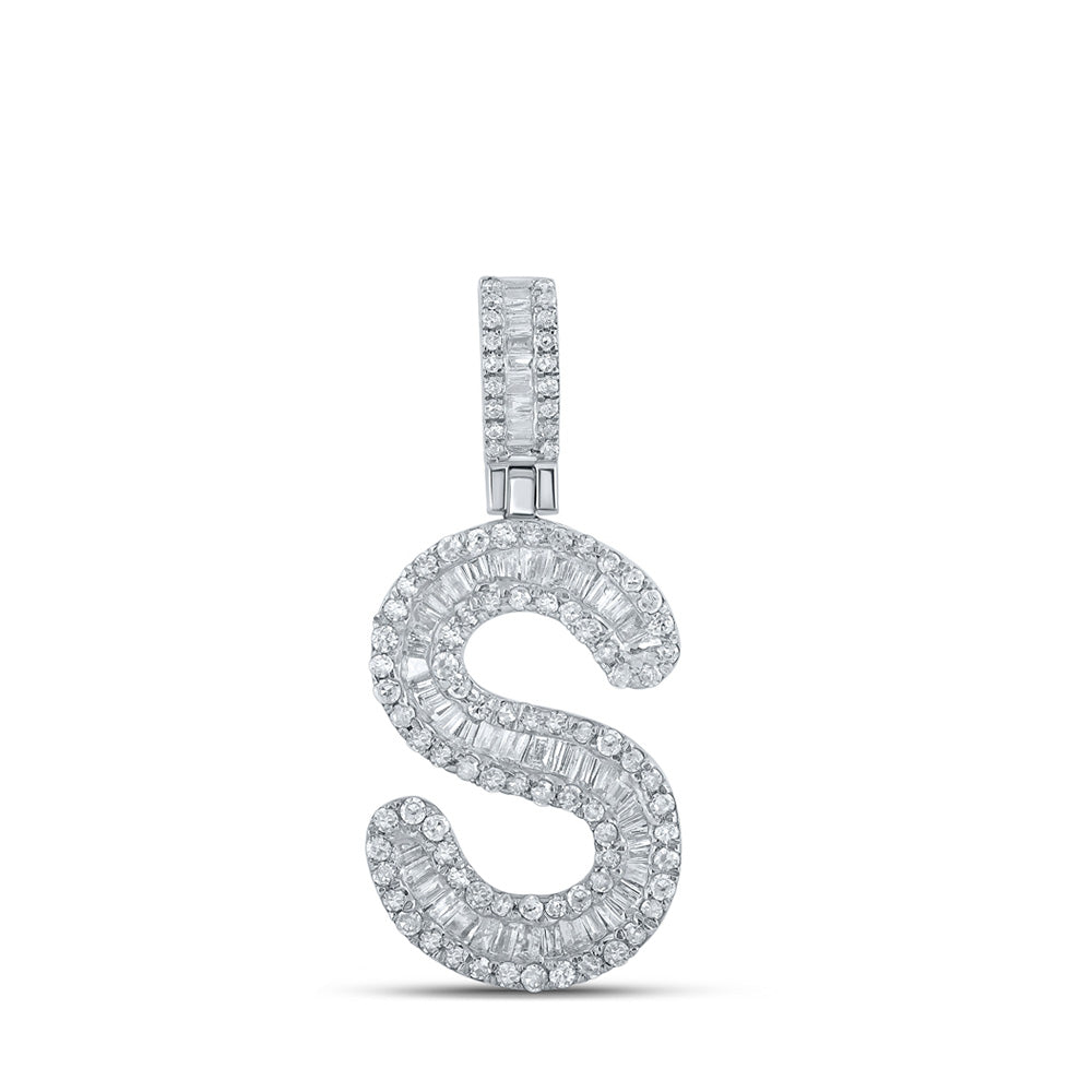 10K White Gold Mens Baguette Diamond Initial Letter Pendant