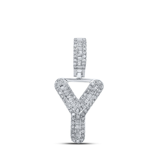 10K White Gold Mens Baguette Diamond Y Initial Letter Pendant 1/3 Cttw, Length: 1.01 In, Width: 0.55 In