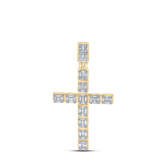 10K Yellow Gold Mens Round Diamond Cross Charm Pendant 1-7/8 Cttw