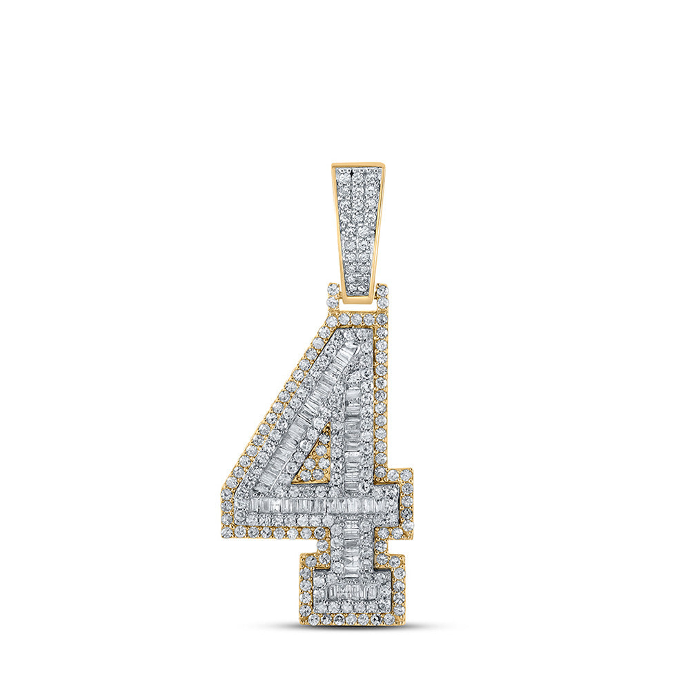 10K Two-tone Gold Mens Baguette Diamond Number 4 Charm Pendant 1-1/2 Cttw