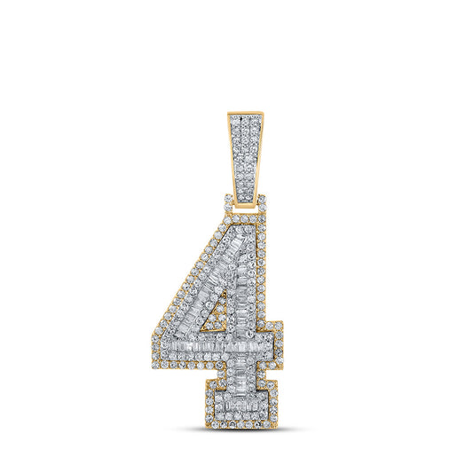 10K Two-tone Gold Mens Baguette Diamond Number 4 Charm Pendant 1-1/2 Cttw