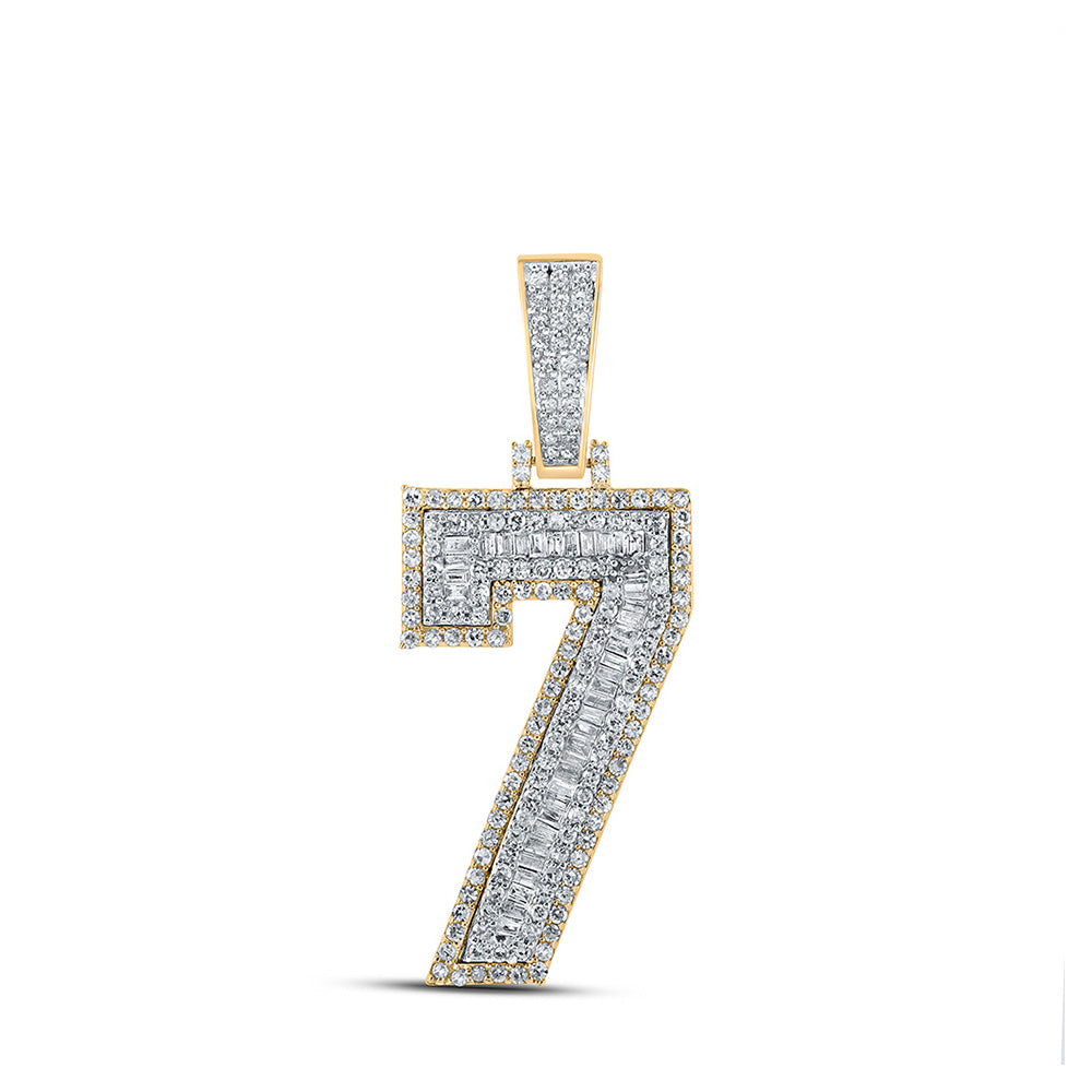 10K Two-tone Gold Mens Baguette Diamond Number 7 Charm Pendant 1-1/3 Cttw