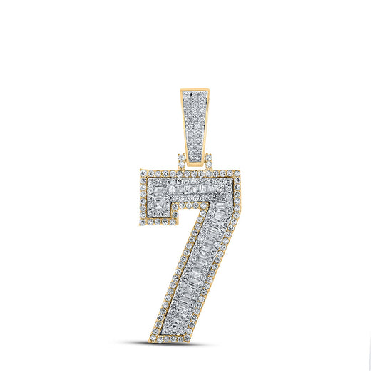 10K Two-tone Gold Mens Baguette Diamond Number 7 Charm Pendant 1-1/3 Cttw