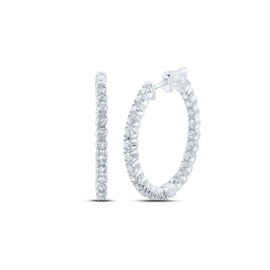 14K White Gold Womens Round Diamond Inside Outside Hoop Earrings 2 Cttw