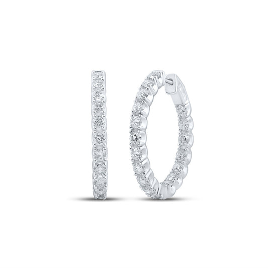 14K White Gold Womens Round Diamond Inside Outside Hoop Earrings 3 Cttw