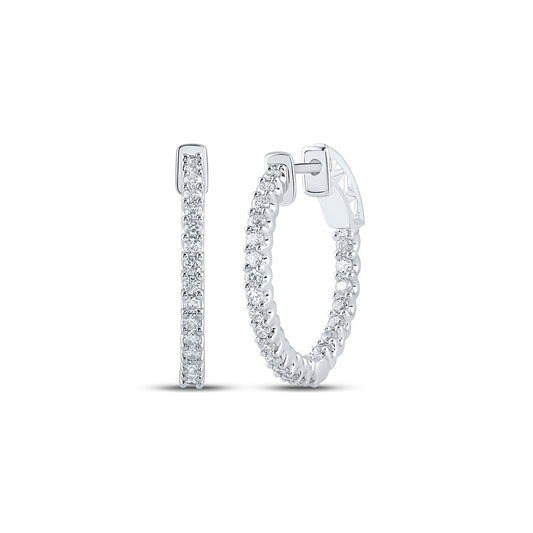 14K White Gold Womens Round Diamond In Out Hoop Earrings 1 Cttw