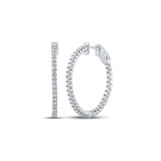 14K White Gold Womens Round Diamond In Out Hoop Earrings 1-1/2 Cttw