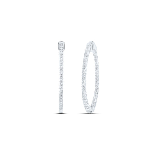 14K White Gold Womens Round Diamond Slender In Out Hoop Earrings 2 Cttw