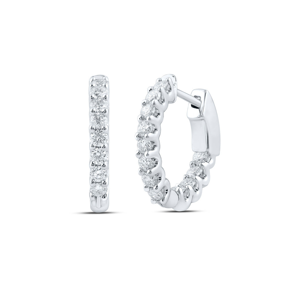 14K White Gold Womens Round Diamond Inside Outside Hoop Earrings 1 Cttw
