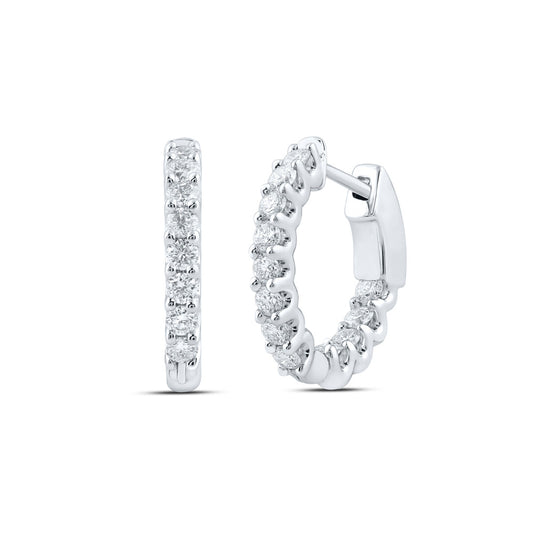 14K White Gold Womens Round Diamond Inside Outside Hoop Earrings 1 Cttw