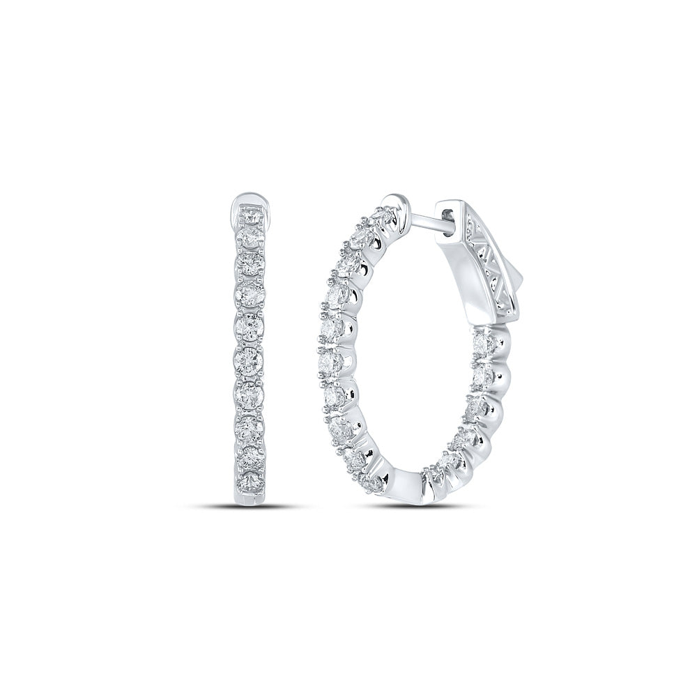 14K White Gold Womens Round Diamond Inside Outside Hoop Earrings 1 Cttw