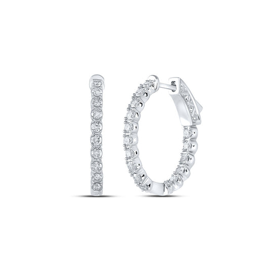 14K White Gold Womens Round Diamond Inside Outside Hoop Earrings 1 Cttw