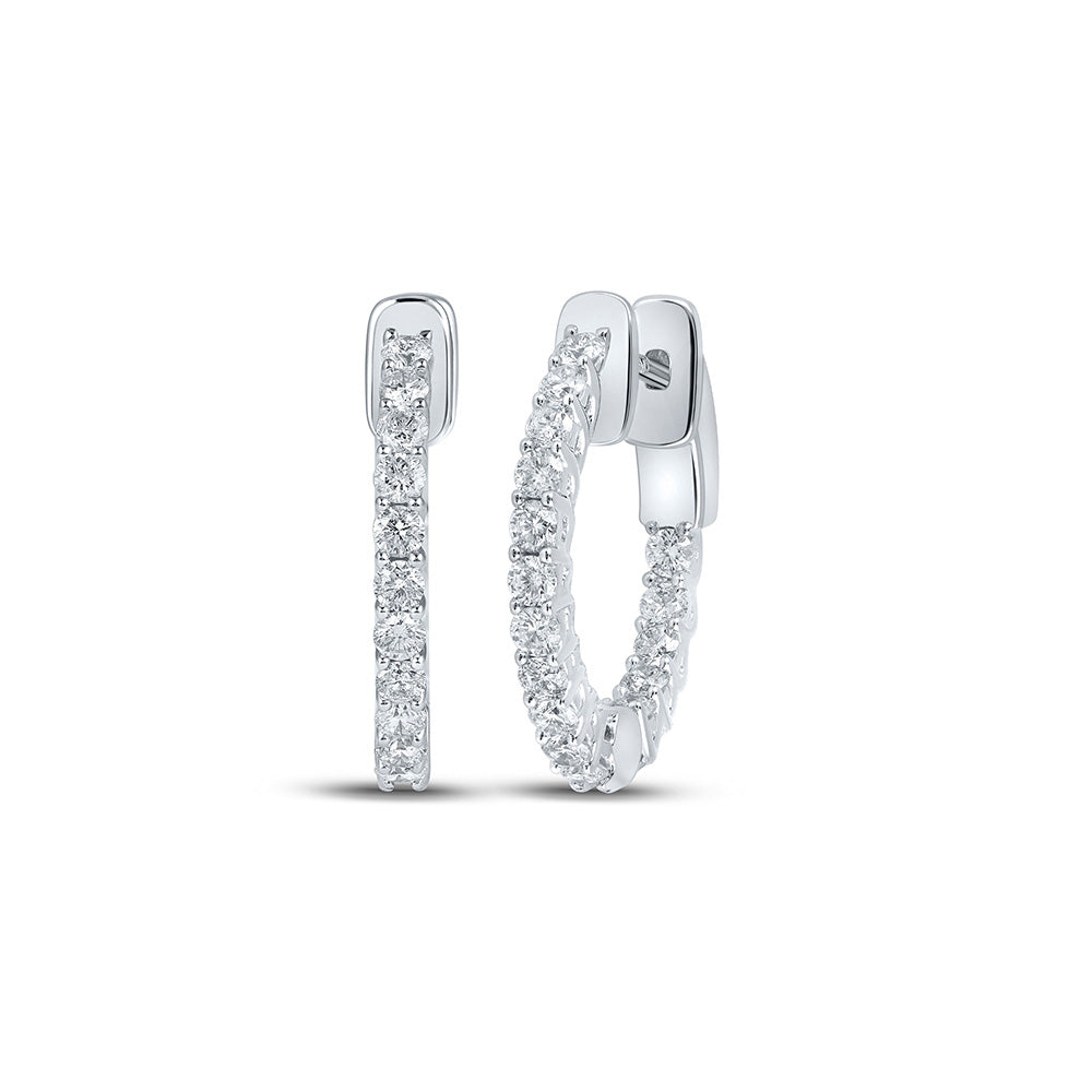 14K White Gold Womens Round Diamond In Out Hoop Earrings 1 Cttw