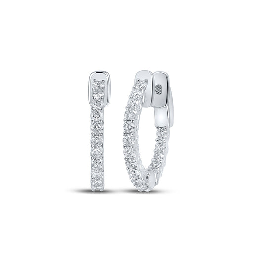 14K White Gold Womens Round Diamond In Out Hoop Earrings 1 Cttw