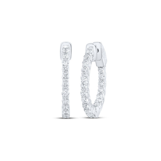 14K White Gold Womens Round Diamond In Out Hoop Earrings 2 Cttw
