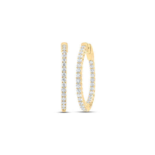14K Yellow Gold Womens Round Diamond Inside Outside Hoop Earrings 3 Cttw, Length: 1.34 In