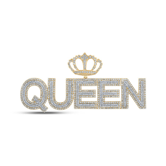 10K Two-tone Gold Mens Round Diamond QUEEN Crown Phrase Charm Pendant 5 Cttw