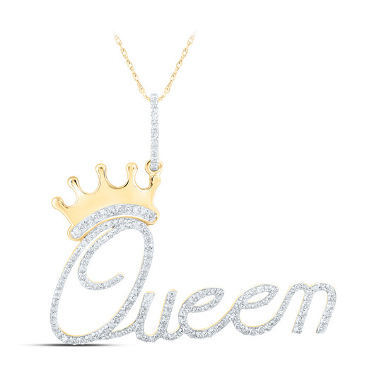10K Yellow Gold Womens Round Diamond Queen Crown Pendant 3/4 Cttw, Length: 1.47 In, Width: 1.63 In