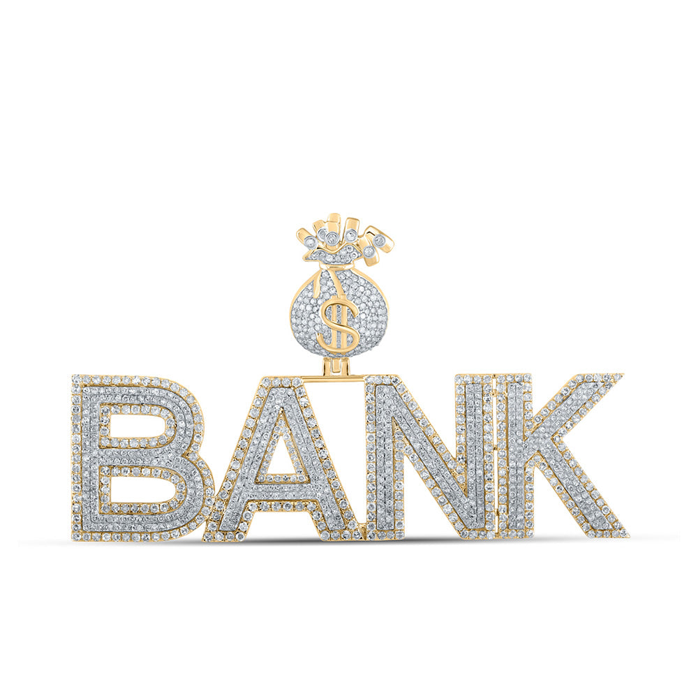 10K Two-tone Gold Mens Round Diamond Bank Money Bag Phrase Charm Pendant 3-7/8 Cttw, Length: 1.77 In, Width: 2.97 In