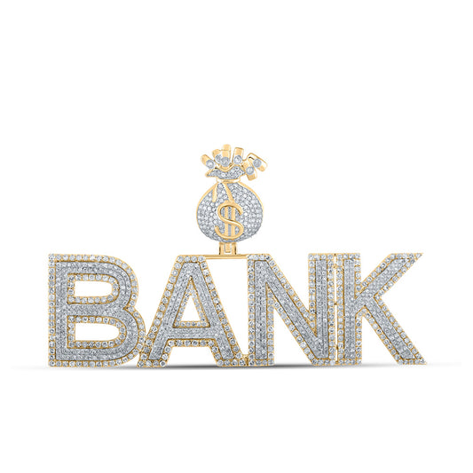 10K Two-tone Gold Mens Round Diamond Bank Money Bag Phrase Charm Pendant 3-7/8 Cttw, Length: 1.77 In, Width: 2.97 In