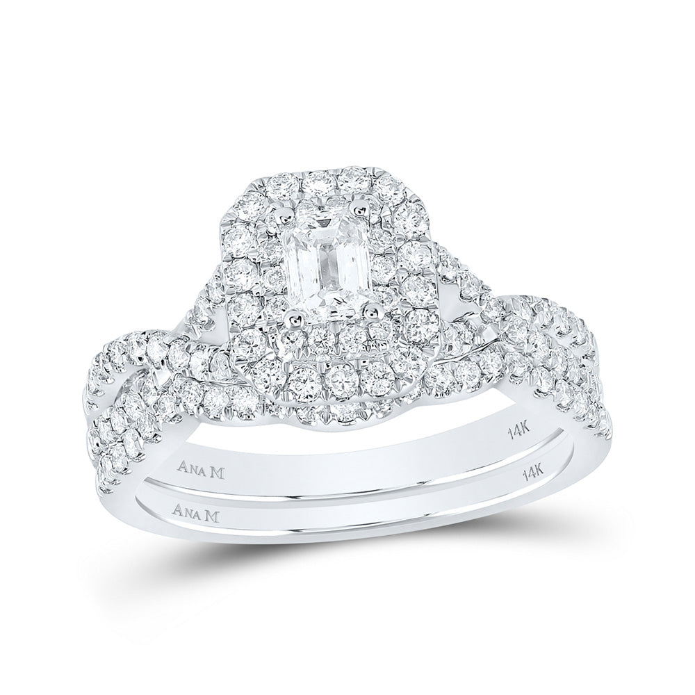 14K White Gold Emerald Diamond Halo Bridal Wedding Ring Band Set 1 Cttw, Womens Size: 5-10