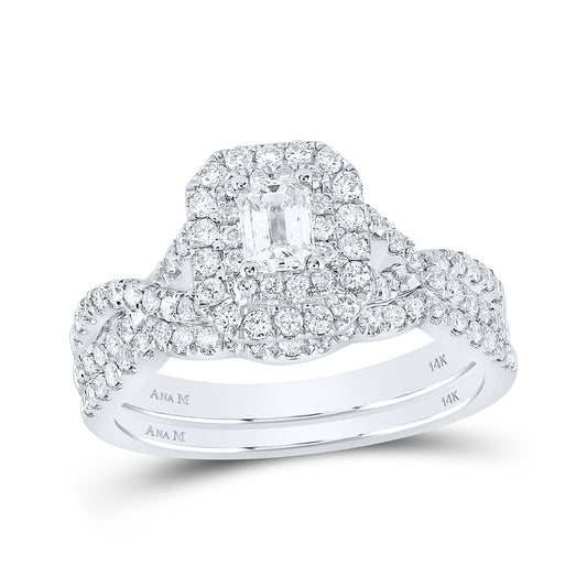 14K White Gold Emerald Diamond Halo Bridal Wedding Ring Band Set 1 Cttw, Womens Size: 5-10