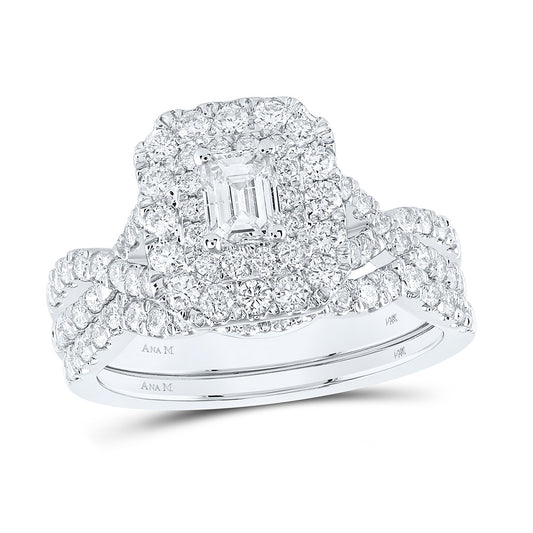 14K White Gold Emerald Diamond Halo Bridal Wedding Ring Band Set 1-1/2 Cttw, Womens Size: 5-10