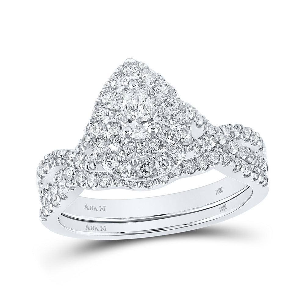 14K White Gold Pear Diamond Halo Bridal Wedding Ring Band Set 1 Cttw, Womens Size: 5-10