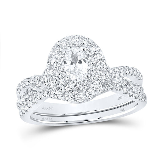 14K White Gold Oval Diamond Halo Bridal Wedding Ring Band Set 1 Cttw, Womens Size: 5-10