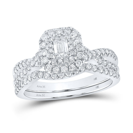 14K White Gold Emerald Diamond Halo Bridal Wedding Ring Band Set 1 Cttw, Womens Size: 5-10