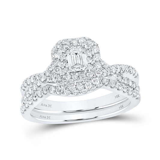 14K White Gold Emerald Diamond Halo Bridal Wedding Ring Band Set 1 Cttw, Womens Size: 5-10