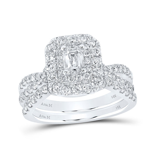 14K White Gold Emerald Diamond Halo Bridal Wedding Ring Band Set 1-1/2 Cttw, Womens Size: 5-10