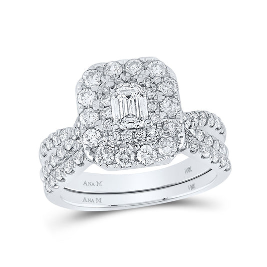 14K White Gold Emerald Diamond Halo Bridal Wedding Ring Band Set 2 Cttw, Womens Size: 5-10