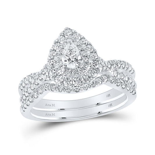 14K White Gold Pear Diamond Halo Bridal Wedding Ring Band Set 1 Cttw, Womens Size: 5-10