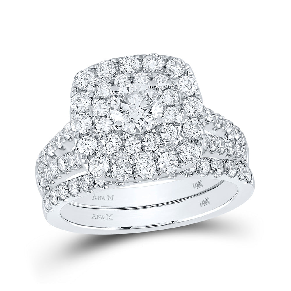 14K White Gold Round Diamond Square Halo Bridal Wedding Ring Band Set 2 Cttw, Womens Size: 5-10