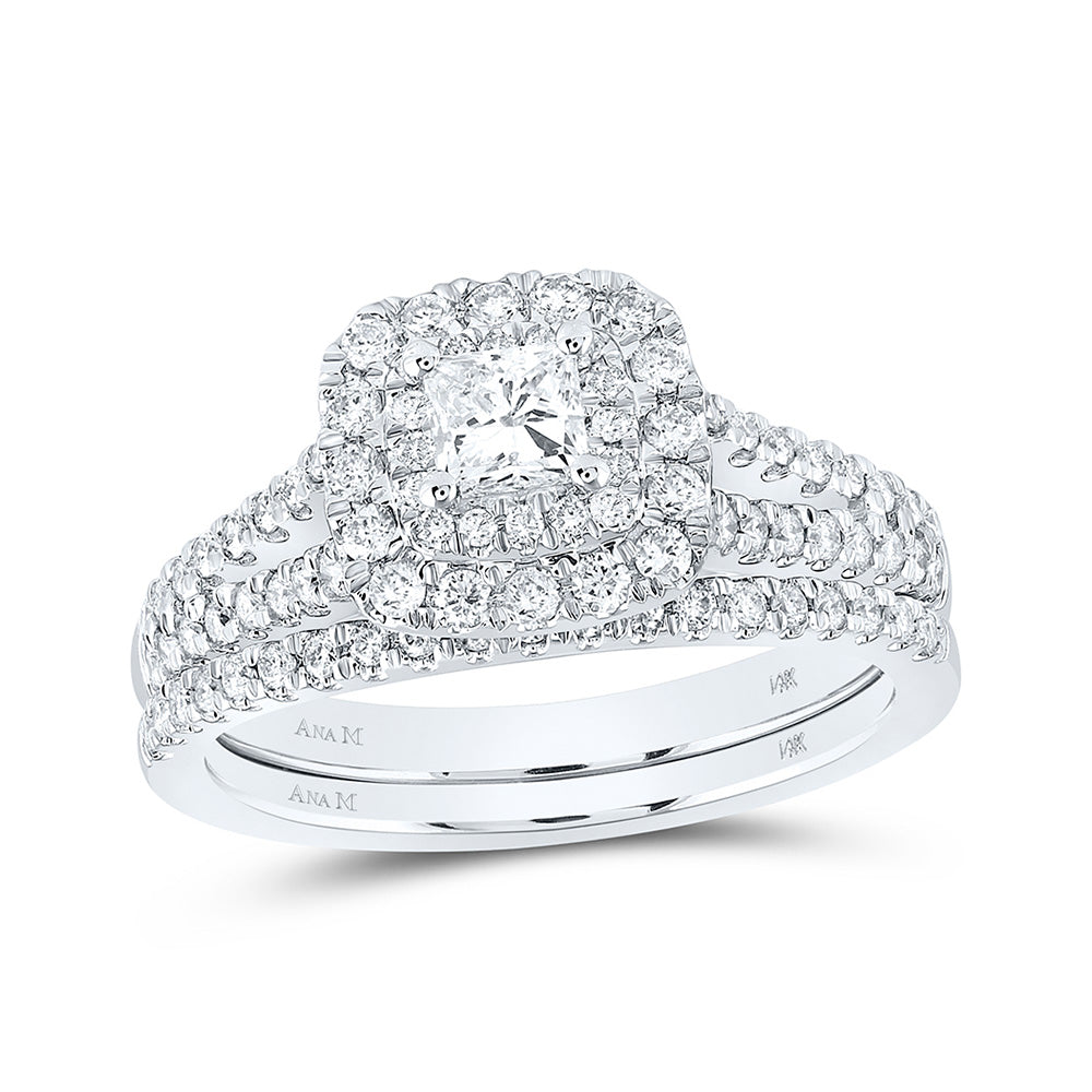 14K White Gold Princess Diamond Halo Bridal Wedding Ring Band Set 1 Cttw, Womens Size: 5-10
