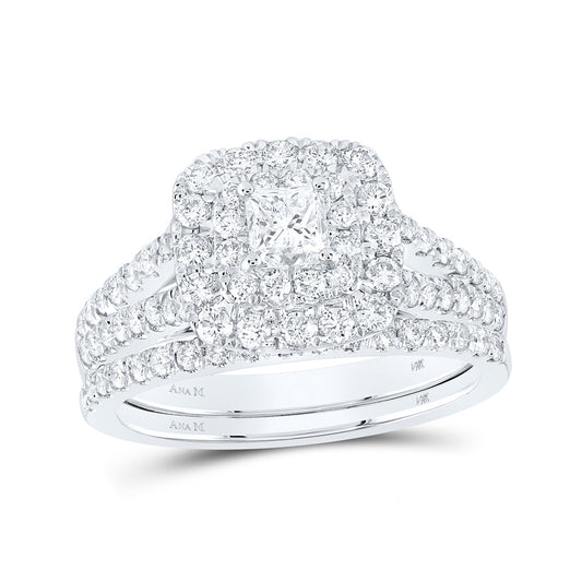 14K White Gold Princess Diamond Halo Bridal Wedding Ring Band Set 1-1/2 Cttw, Womens Size: 5-10