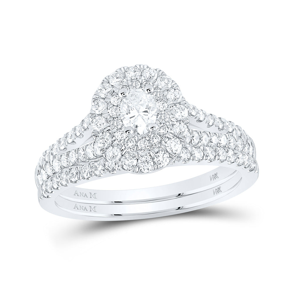 14K White Gold Oval Diamond Halo Bridal Wedding Ring Band Set 1 Cttw, Womens Size: 5-10