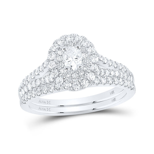14K White Gold Oval Diamond Halo Bridal Wedding Ring Band Set 1 Cttw, Womens Size: 5-10