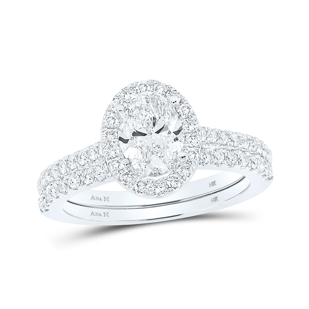 14K White Gold Oval Diamond Halo Bridal Wedding Ring Band Set 1-1/2 Cttw, Womens Size: 5-10