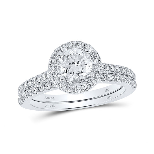 14K White Gold Round Diamond Halo Bridal Wedding Ring Band Set 1-1/2 Cttw, Womens Size: 5-10