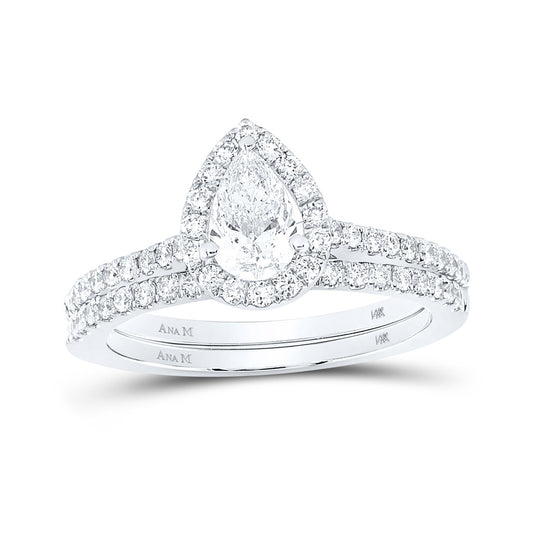 14K White Gold Pear Diamond Halo Bridal Wedding Ring Band Set 1 Cttw, Womens Size: 5-10