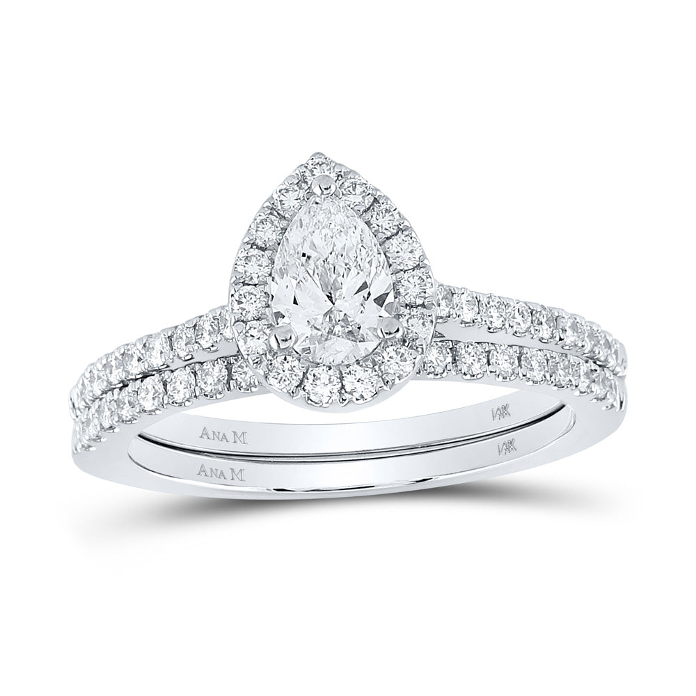 14K White Gold Pear Diamond Halo Bridal Wedding Ring Band Set 1 Cttw, Womens Size: 5-10