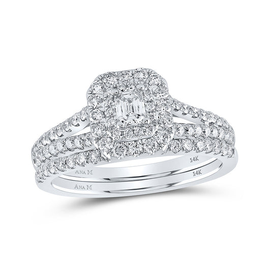 14K White Gold Emerald Diamond Halo Bridal Wedding Ring Band Set 1 Cttw, Womens Size: 5-10