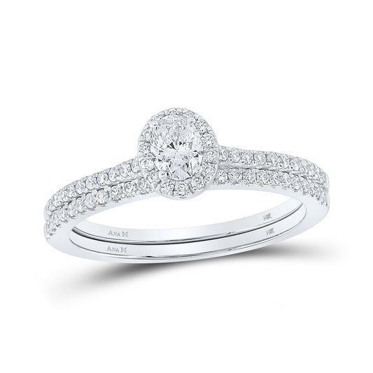 14K White Gold Oval Diamond Halo Bridal Wedding Ring Band Set 5/8 Cttw, Womens Size: 5-10